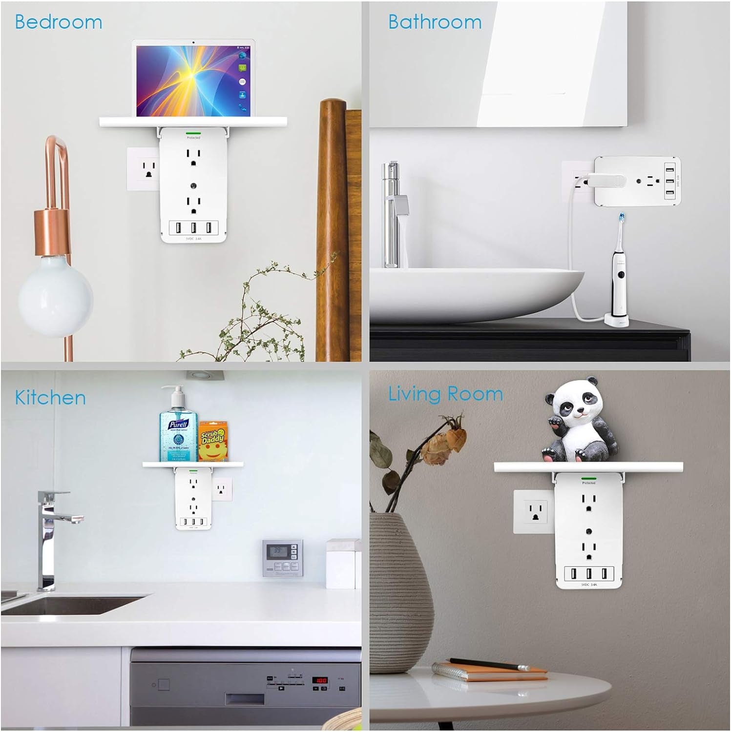 Socket Outlet Shelf with USB Ports, 1020J Surge Protector Extender Removable Charging Shelf, Wall Bathroom Multi Adapter Plug, FCC Listed.