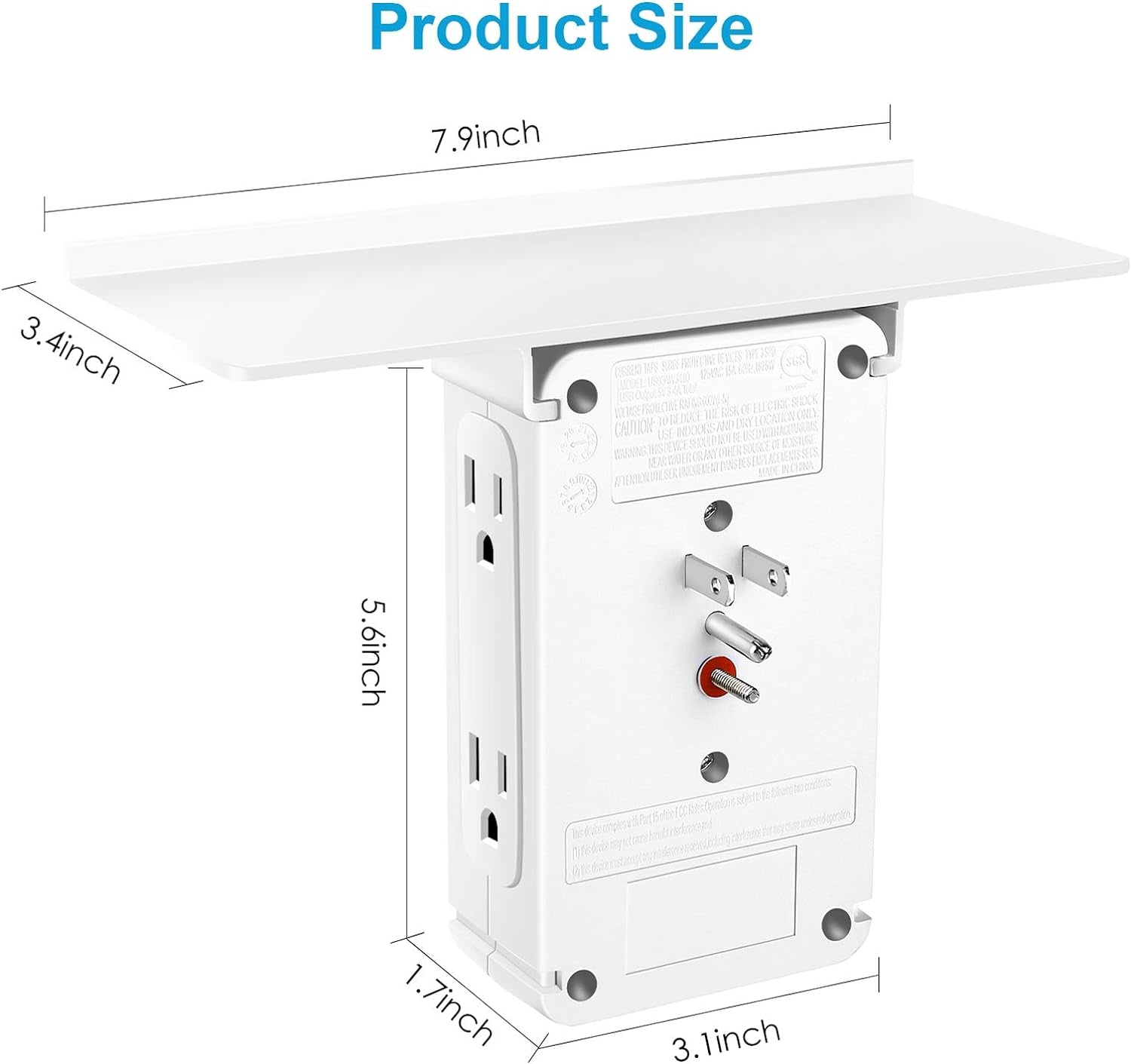 Socket Outlet Shelf with USB Ports, 1020J Surge Protector Extender Removable Charging Shelf, Wall Bathroom Multi Adapter Plug, FCC Listed.